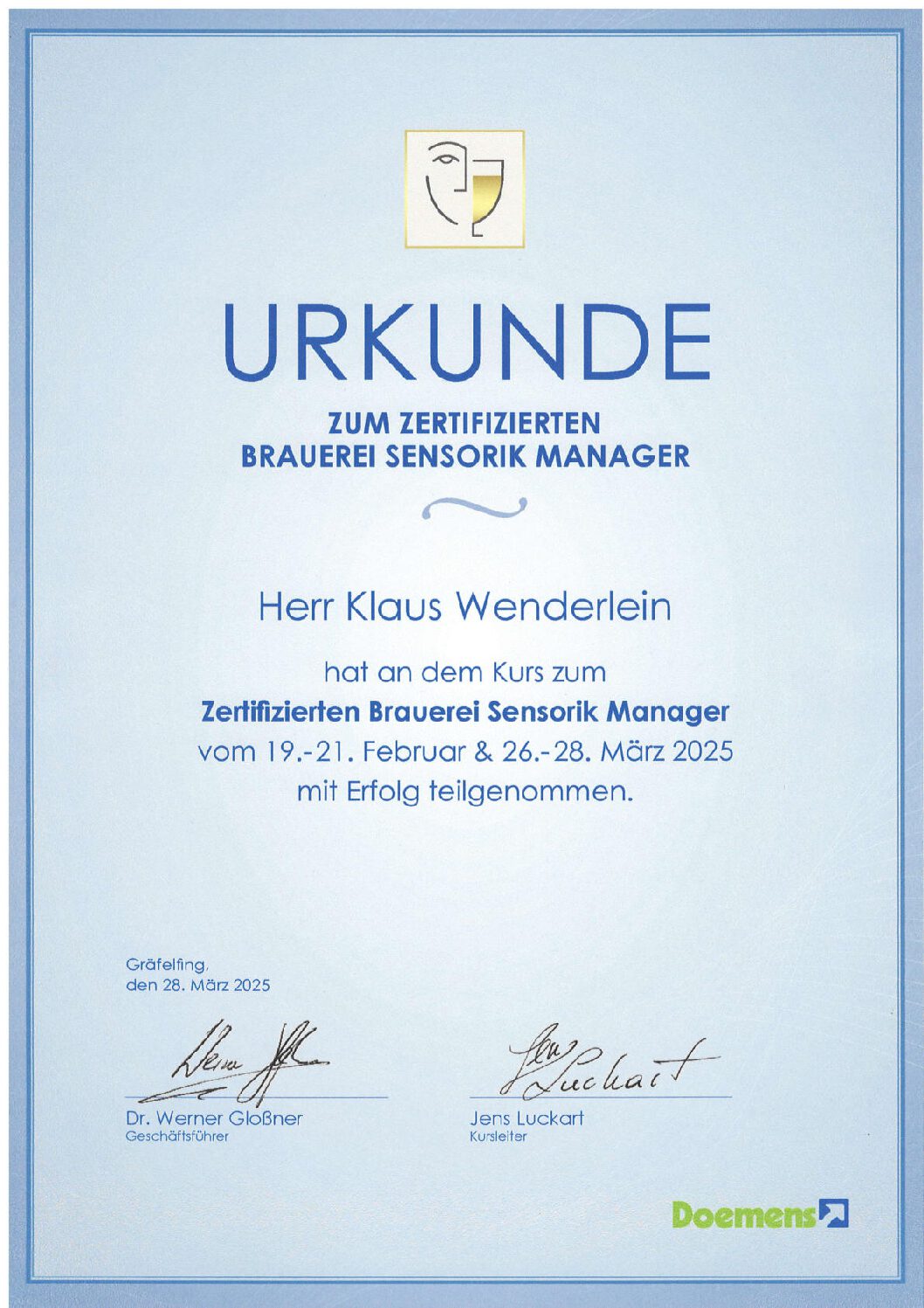 Klaus Wenderlein Urkunde Wassersommelier